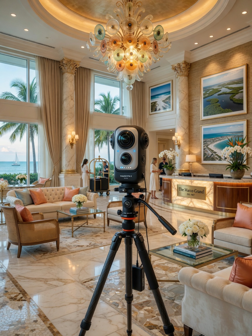 Ultra-realistic 8K photograph of a professional 360 camera mounted on a stabilized tripod in the center of a luxury Marco Island hotel lobby with elegant furnishings