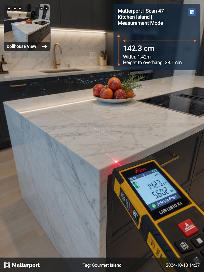 Ultra-realistic 8K close-up of measurement tool being used inside a Matterport 3D tour showing precise dimensions of a gourmet kitchen island, technical and clean aesthetic