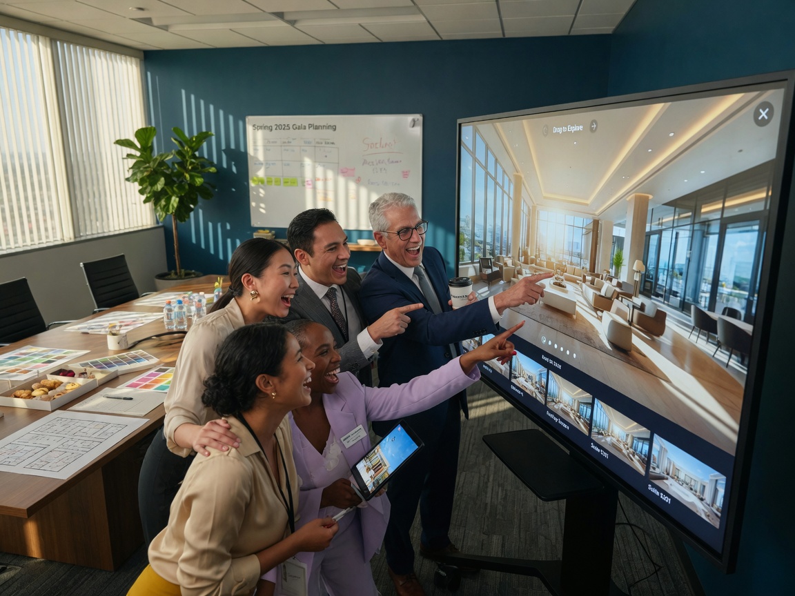 Ultra-realistic 8K photograph of happy clients viewing a virtual tour together on a large monitor in a corporate office, diverse group of planners pointing and smiling