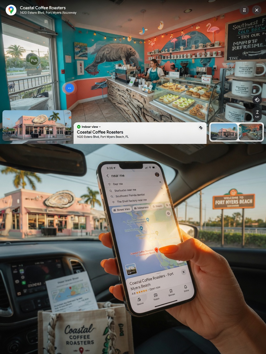 Ultra-realistic 8K image showing the complete customer journey from searching 'near me' on phone to viewing immersive Google Maps indoor view of a Southwest Florida business