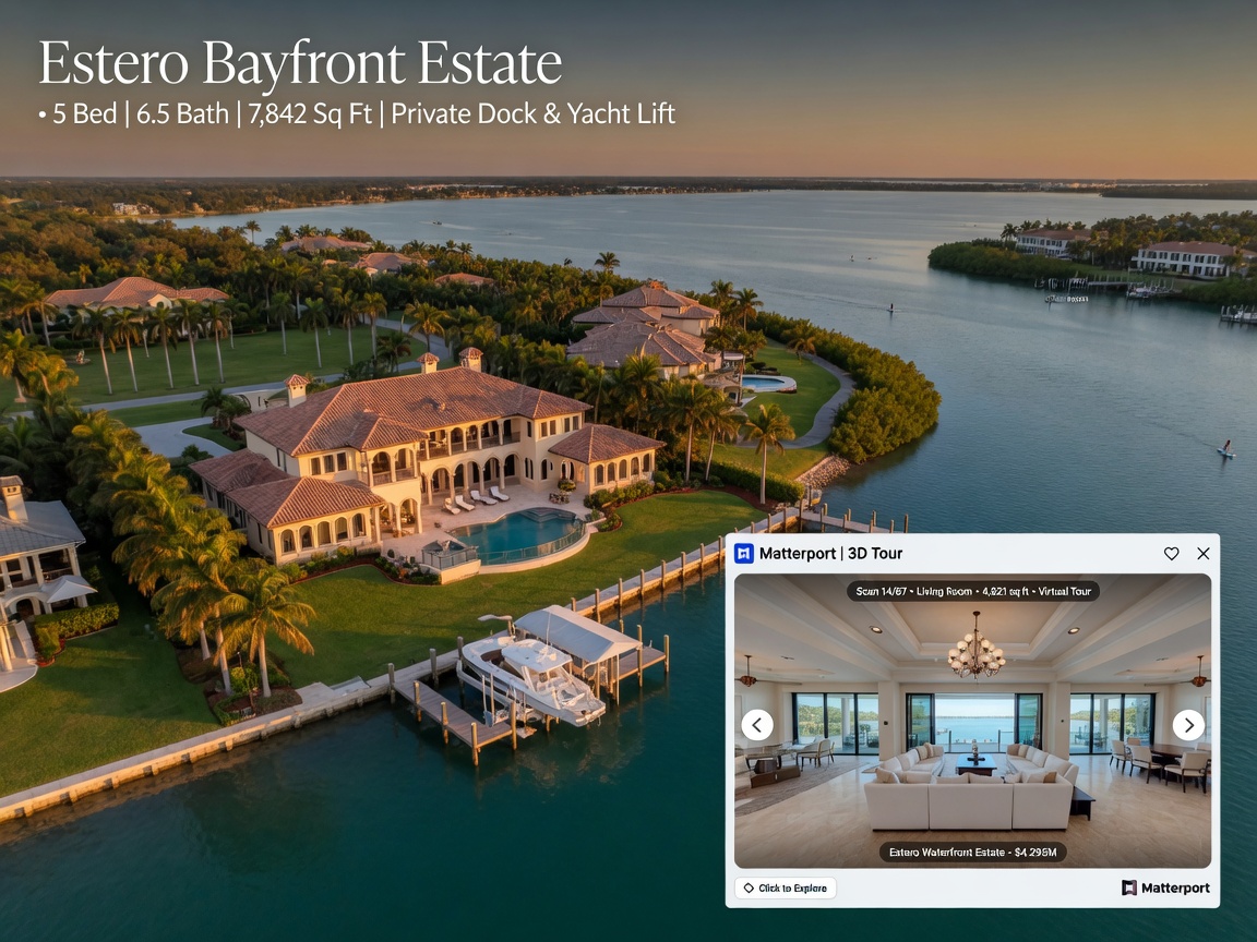 Ultra-realistic 8K drone photography of a large waterfront property in Estero Florida combined with inset Matterport tour screenshot, comprehensive property marketing style