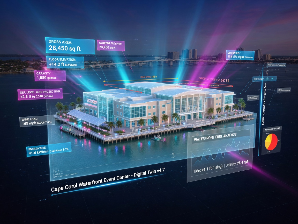 Ultra-realistic 8K cinematic image of a digital twin of a Cape Coral waterfront event center, holographic style visualization with measurement data floating in space