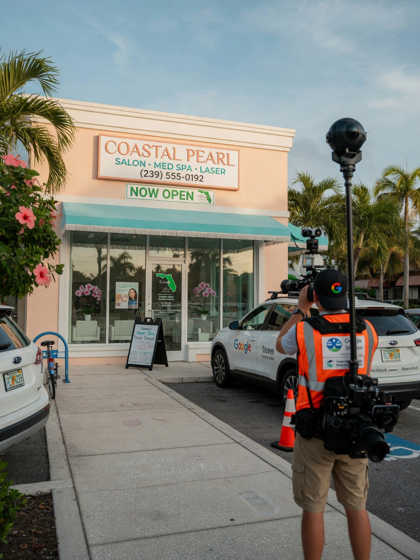 Ultra-realistic 8K exterior photograph of a beautiful Bonita Springs storefront with clear signage and professional Google Street View photographer working nearby