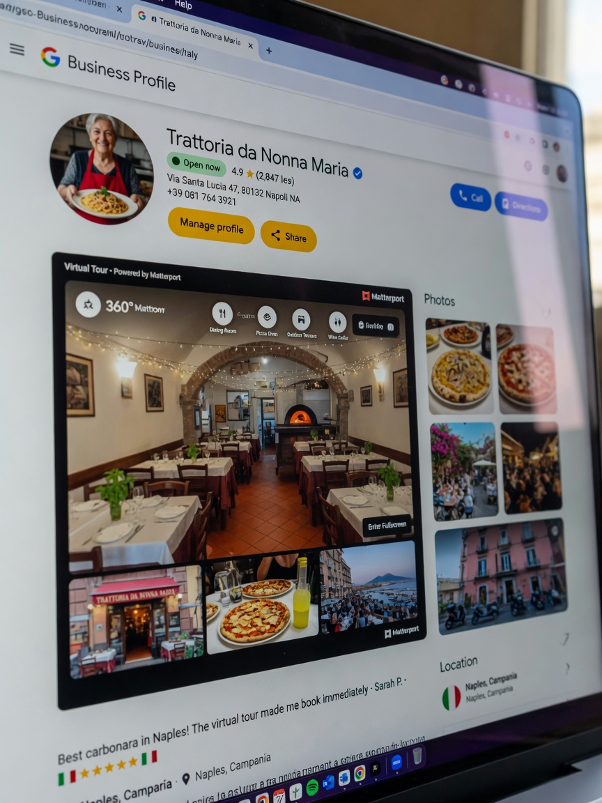 Ultra-realistic 8K image of Google Business Profile page displaying an embedded Matterport virtual tour for a popular Naples restaurant, professional digital marketing presentation