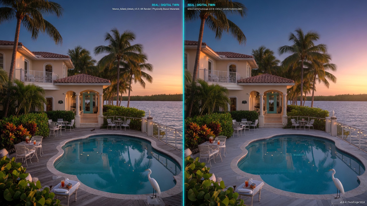 Ultra-realistic 8K image of an elegant garden estate in Marco Island with both physical location and its perfectly matched digital 3D twin shown side by side
