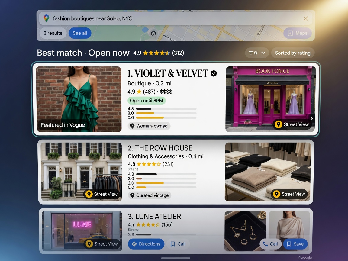 Ultra-realistic 8K detailed image of Google Maps local pack featuring three businesses with rich visual content including Street View icons prominently displayed