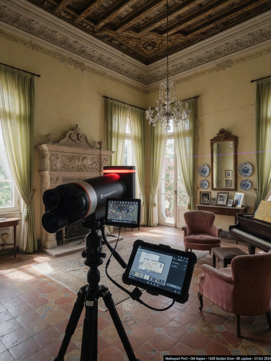 Ultra-realistic 8K photograph of a historic home interior in Old Naples being scanned by a Matterport Pro3 camera, preserving architectural details, soft natural light