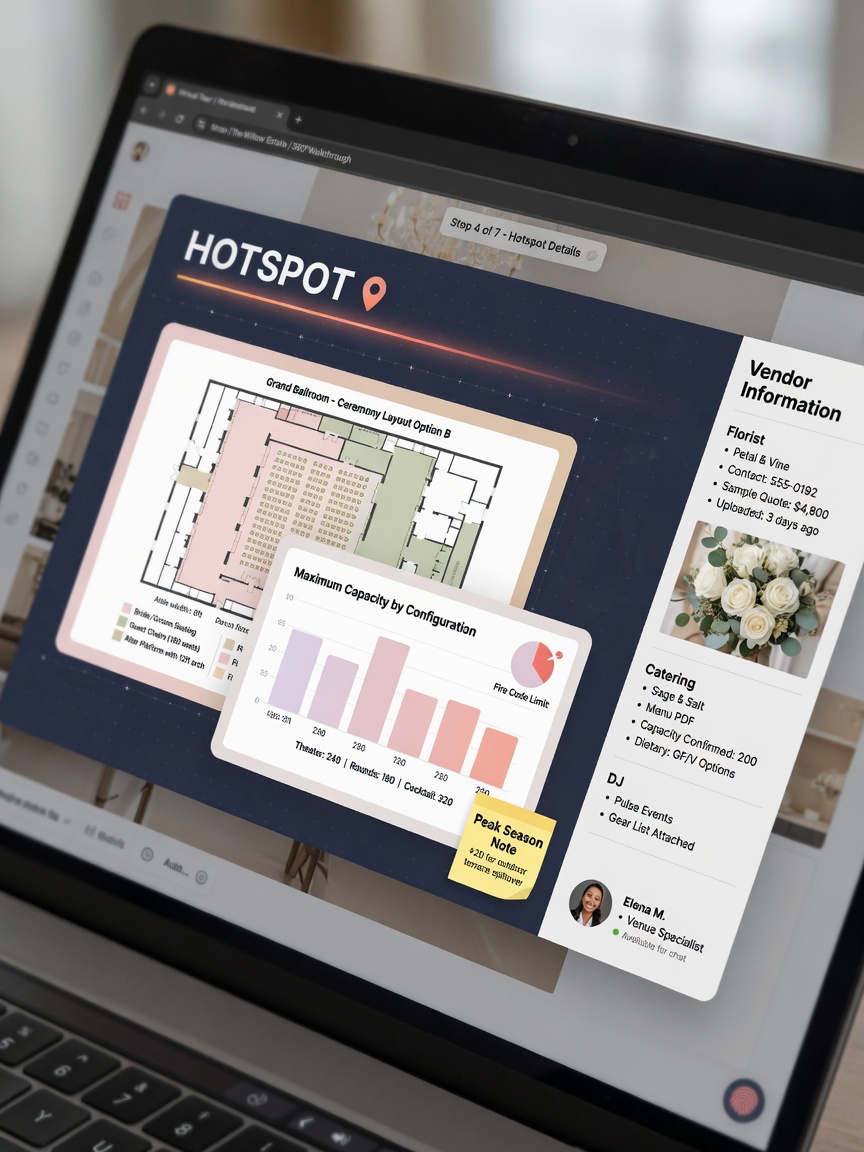 Ultra-realistic 8K close-up of a hotspot within a virtual tour containing wedding setup diagrams, capacity charts, and vendor information, clean UI design