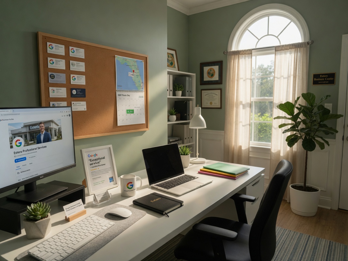 Ultra-realistic 8K photograph of a neatly organized Estero office space prepared for professional Google Business Profile photography session with natural window light