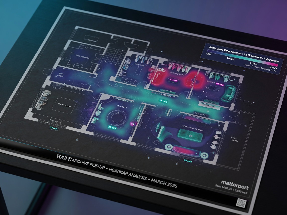 Ultra-realistic 8K visualization of viewing analytics heatmap overlaid on a Matterport floor plan showing where visitors spent most time, data visualization, cool color scheme