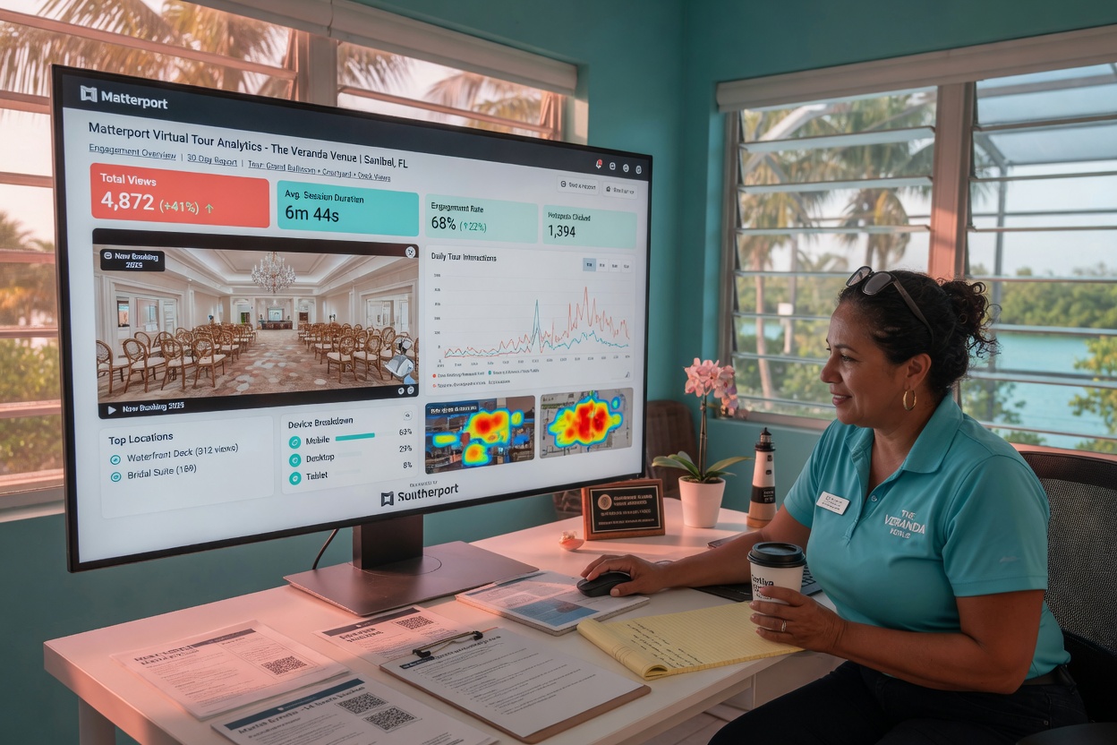 Ultra-realistic 8K photograph of a Southwest Florida venue manager reviewing analytics dashboard showing engagement metrics from their Matterport virtual tour