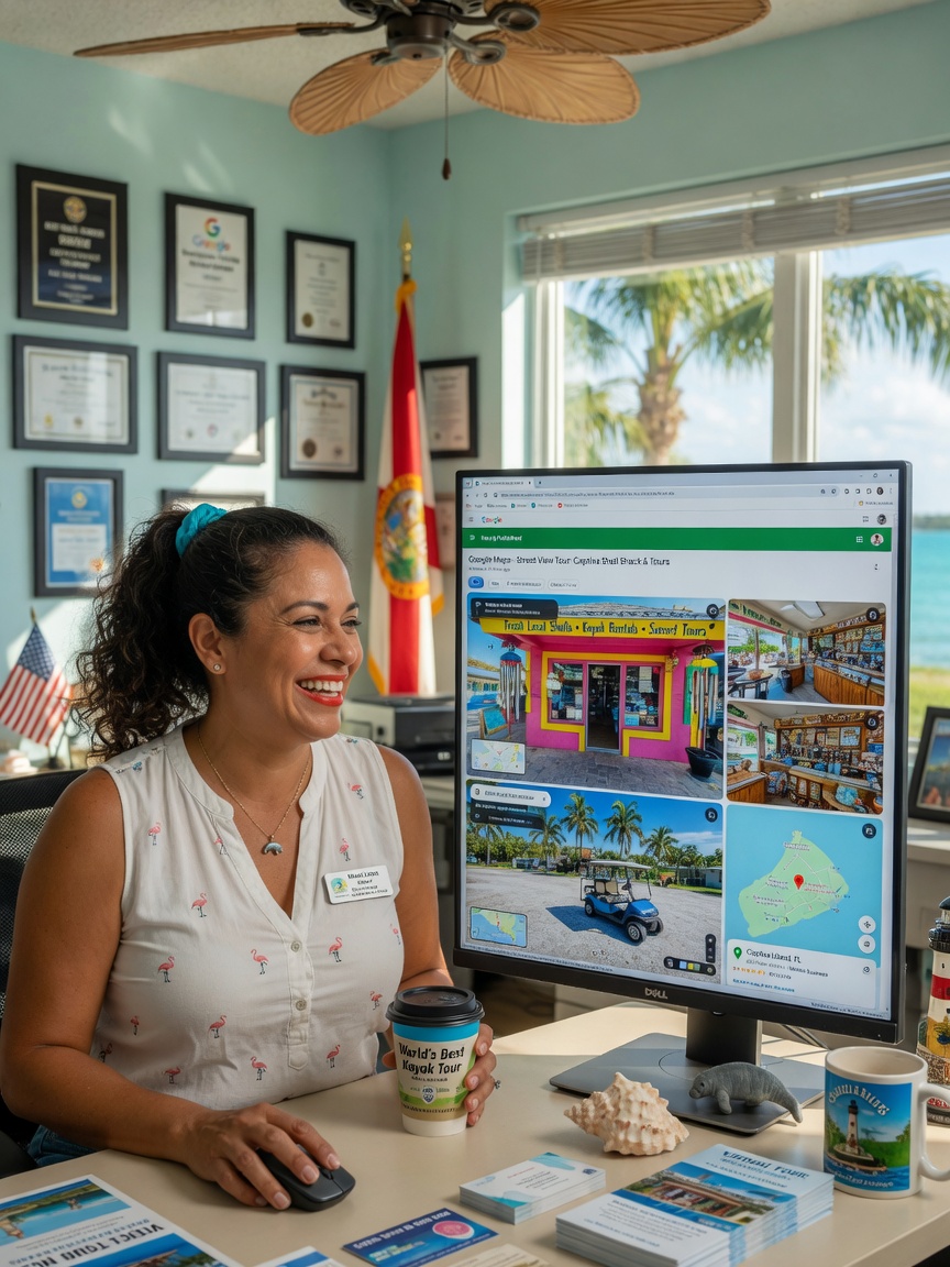 Ultra-realistic 8K image of a happy Southwest Florida business owner reviewing their newly published Google Street View tour on a large monitor in their office