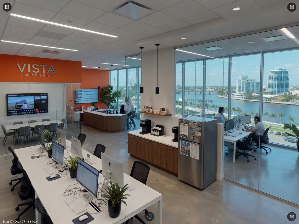 Ultra-realistic 8K image of a commercial office space in Fort Myers fully captured as a Matterport digital twin, modern corporate interior with open floor plan and city views