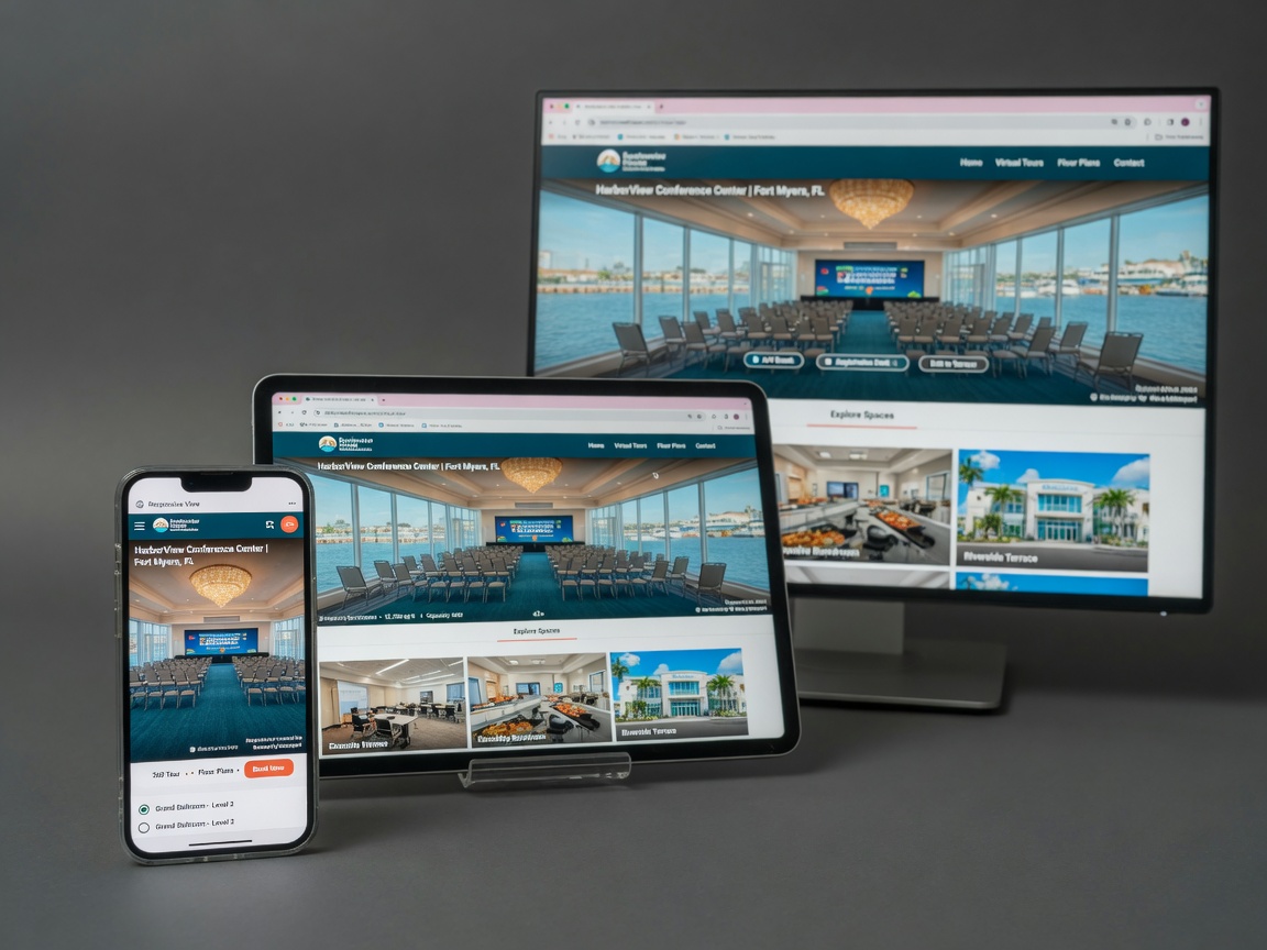Ultra-realistic 8K image of multiple device screens (phone, tablet, desktop) all displaying the same professional virtual tour of a Fort Myers conference center, responsive design