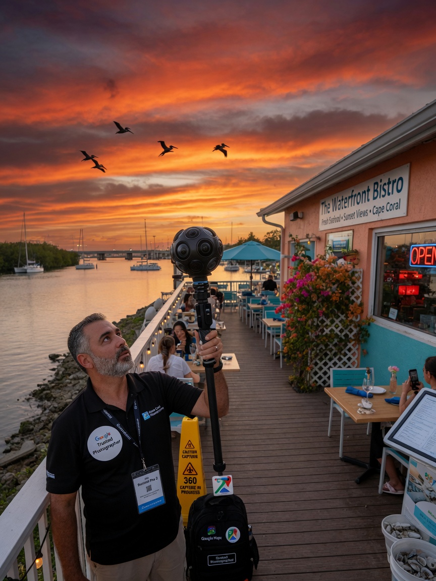 Ultra-realistic 8K cinematic view of a Google Trusted Photographer capturing 360 imagery at sunset outside a waterfront restaurant in Cape Coral with dramatic sky