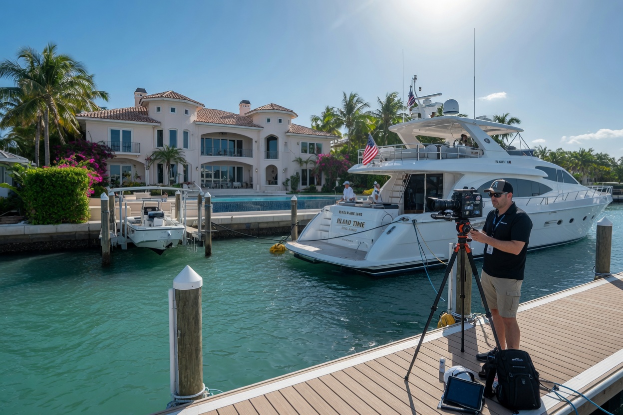 Ultra-realistic 8K photograph of a Matterport photographer working on a luxury yacht dock in Marco Island capturing both the vessel and waterfront home, bright Florida sunshine