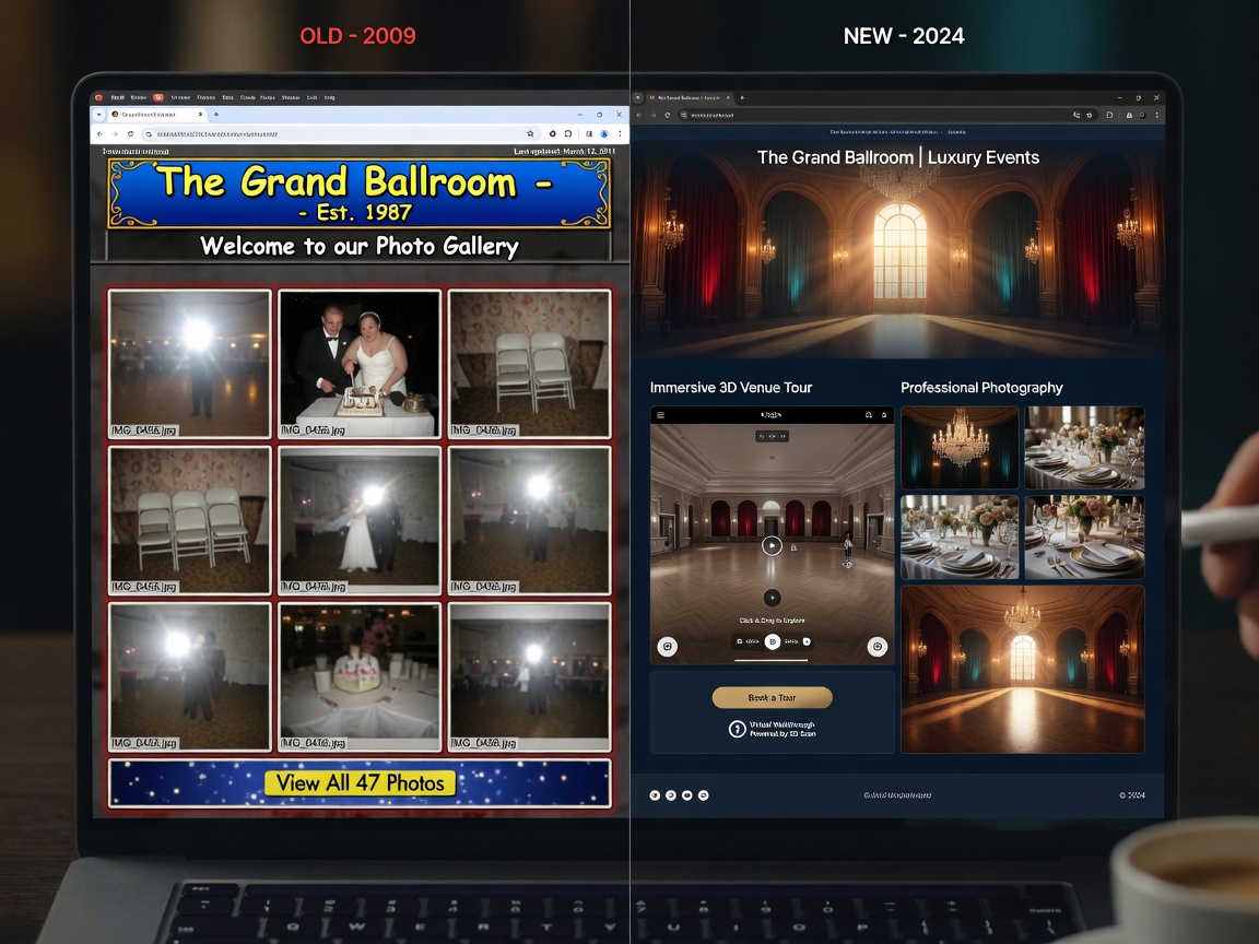 Ultra-realistic 8K dramatic before-and-after image showing an outdated venue website with photo gallery transforming into a modern site with immersive 3D tour integration