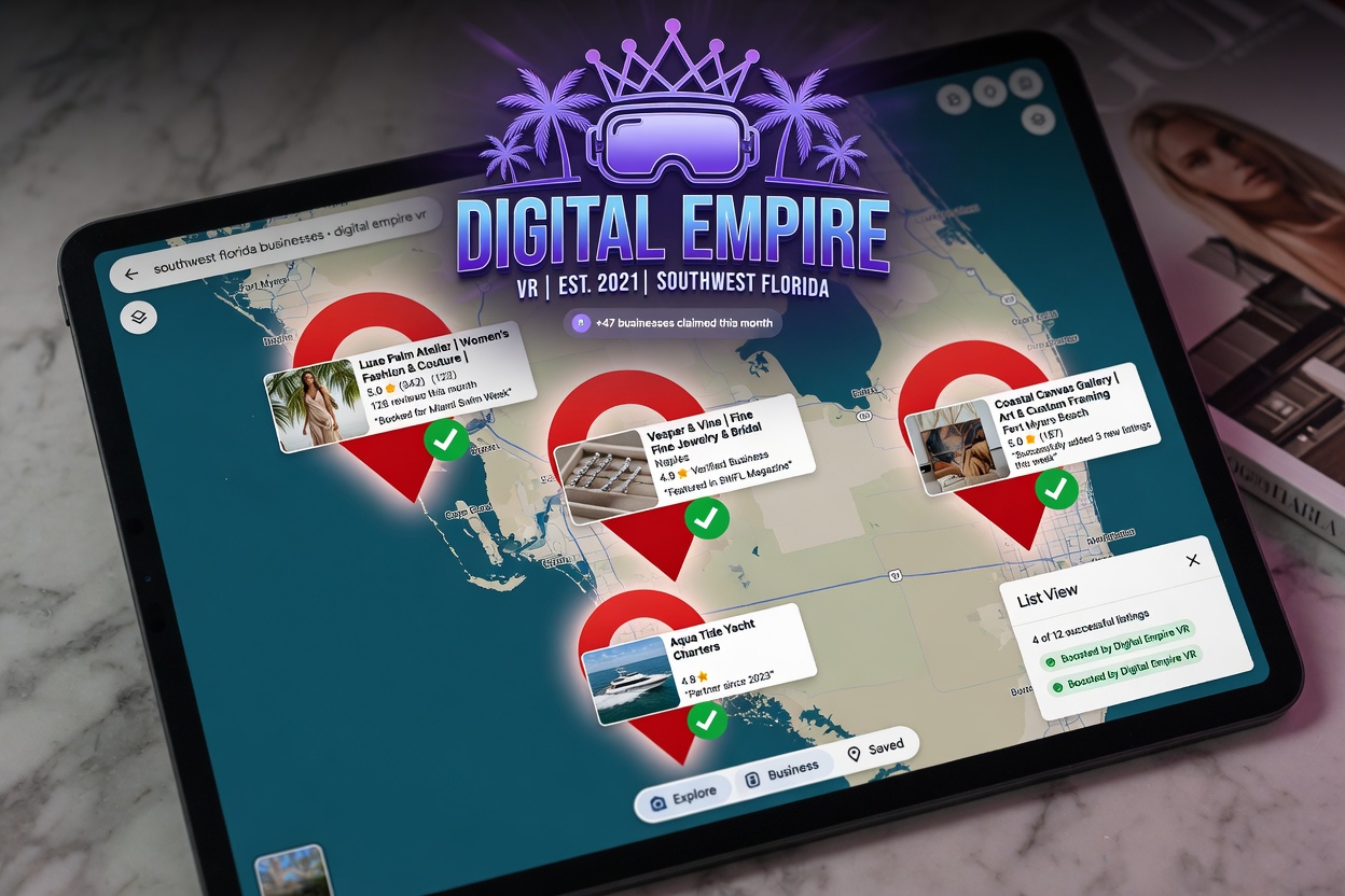 Ultra-realistic 8K composite image showing the Digital Empire VR logo integrated with Google Maps interface displaying multiple successful Southwest Florida business listings