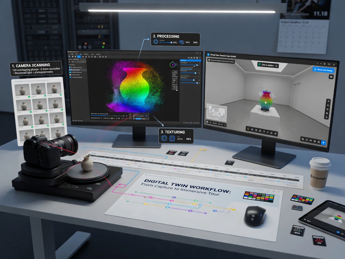Ultra-realistic 8K cinematic image showing the complete workflow from camera scanning to final 3D virtual tour displayed on screen, professional infographic style with depth of field