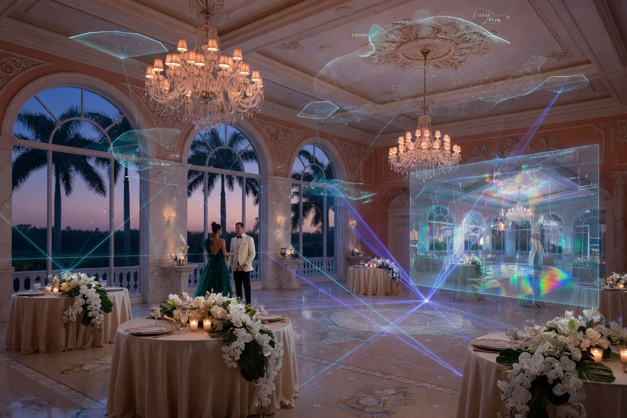 Ultra-realistic 8K hero image of a luxurious Southwest Florida ballroom at twilight with subtle digital overlay showing LiDAR scanning beams and resulting 3D model, futuristic and inviting