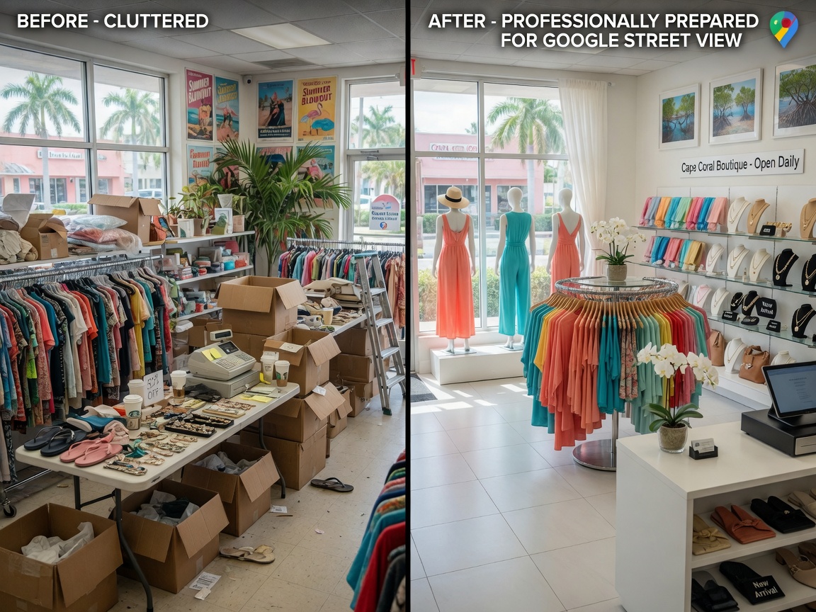 Ultra-realistic 8K image showing before and after comparison of a cluttered versus professionally prepared retail store interior in Cape Coral ready for Google Street View photography, bright natural lighting