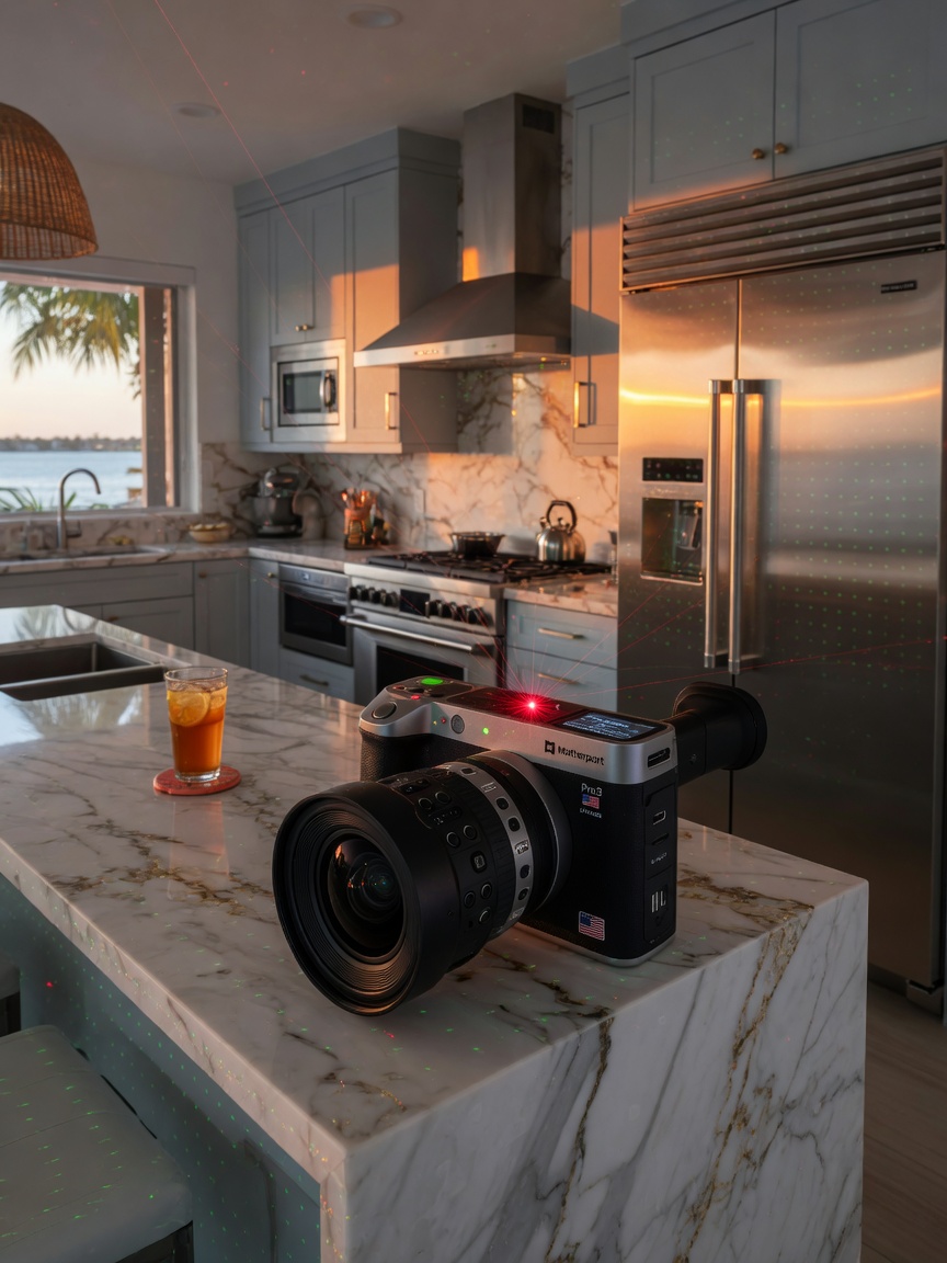 Ultra-realistic 8K close-up of Matterport Pro3 camera capturing LiDAR laser scanning a modern kitchen with marble countertops and stainless steel appliances in a Southwest Florida luxury home, technical precision, sharp focus