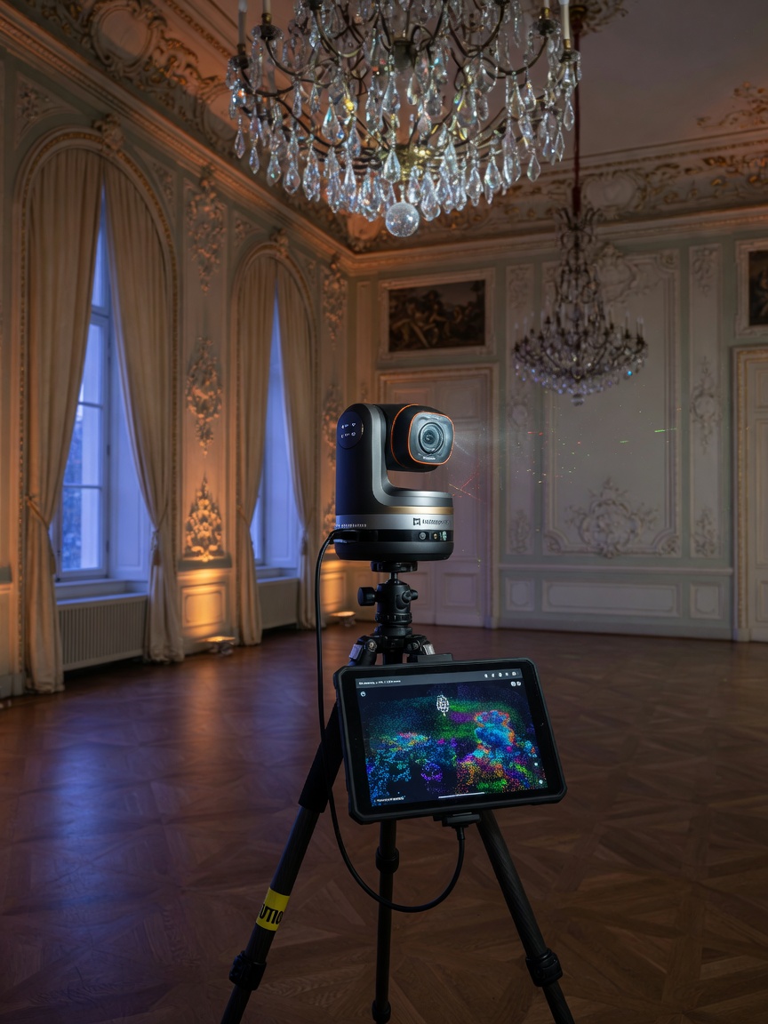 Ultra-realistic 8K image of a Matterport Pro3 LiDAR scanner mounted on a tripod in the center of an elegant empty ballroom with crystal chandeliers, capturing point cloud data, dramatic lighting, architectural details visible