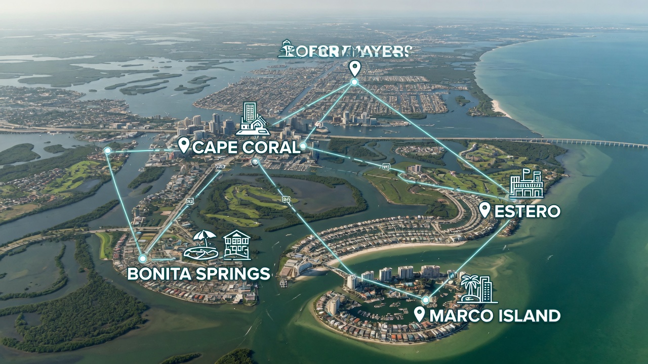 Ultra-realistic 8K aerial view of Southwest Florida coastline with business district icons overlaid showing Fort Myers, Cape Coral, Bonita Springs, Estero and Marco Island locations connected by mapping lines