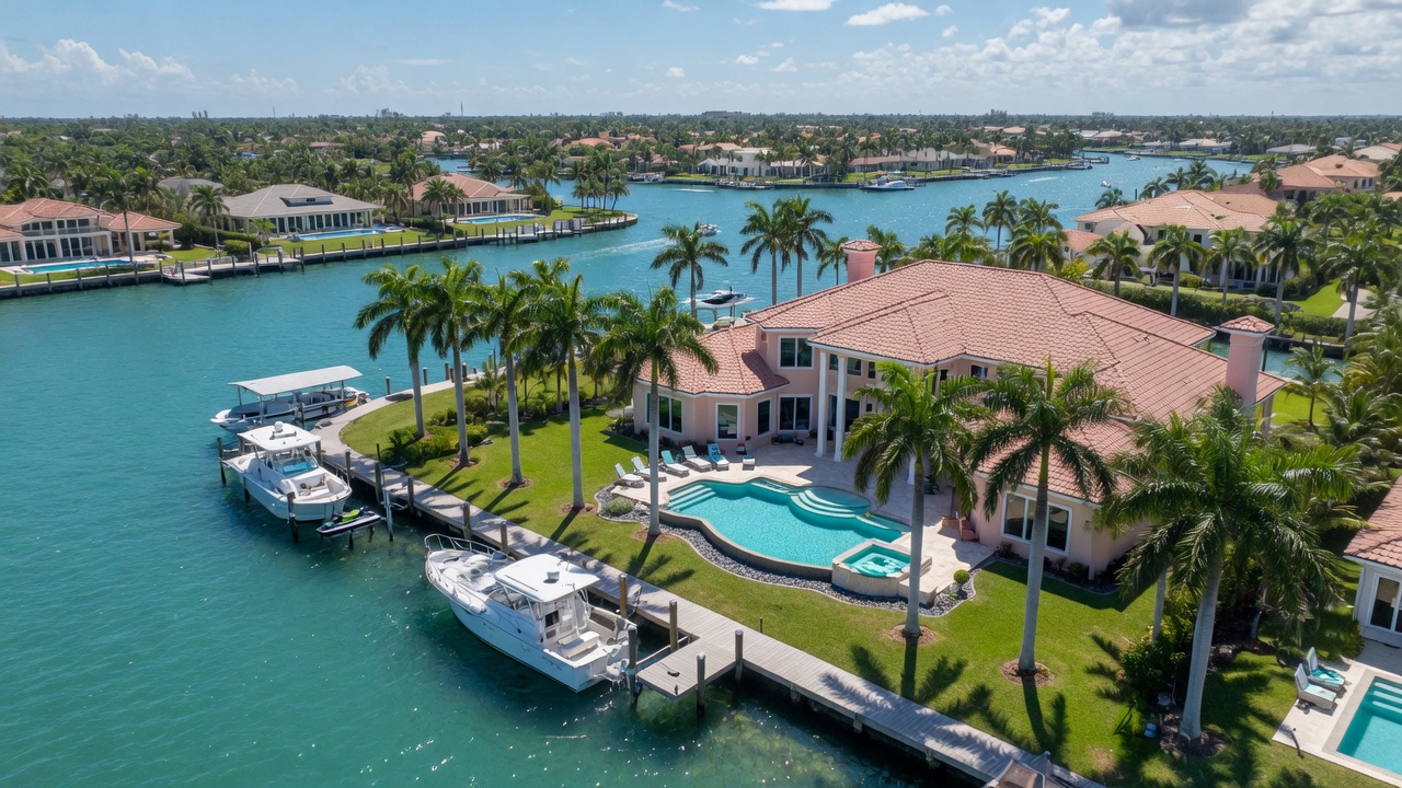Ultra-realistic 8K aerial view of a beautiful waterfront estate in Cape Coral Florida with swimming pool, dock, and palm trees, bright sunny day, turquoise water, real estate photography style