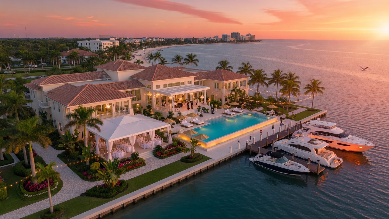 Ultra-realistic 8K aerial view of a luxurious waterfront event venue in Naples Florida at golden hour, showing the building, tropical landscaping, and Gulf of Mexico, cinematic composition