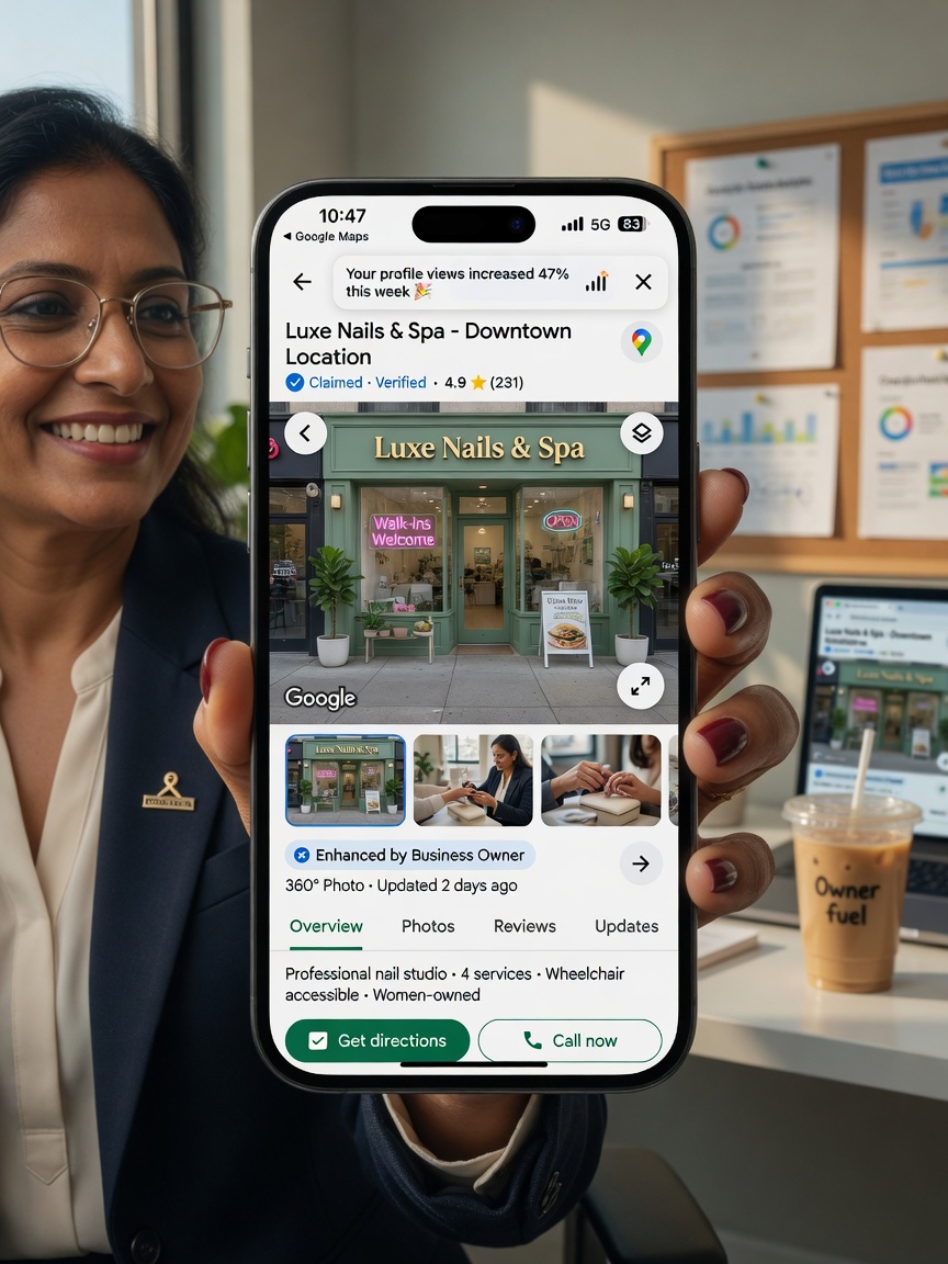 Ultra-realistic 8K close-up of a business owner on a mobile phone viewing their enhanced Google Business Profile with rich Street View imagery on Google Maps interface