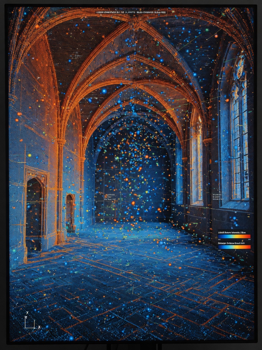 Ultra-realistic 8K image showing dense colorful point cloud data visualization from LiDAR scanning of an empty room with high vaulted ceilings, technical data visualization, blue and orange data points