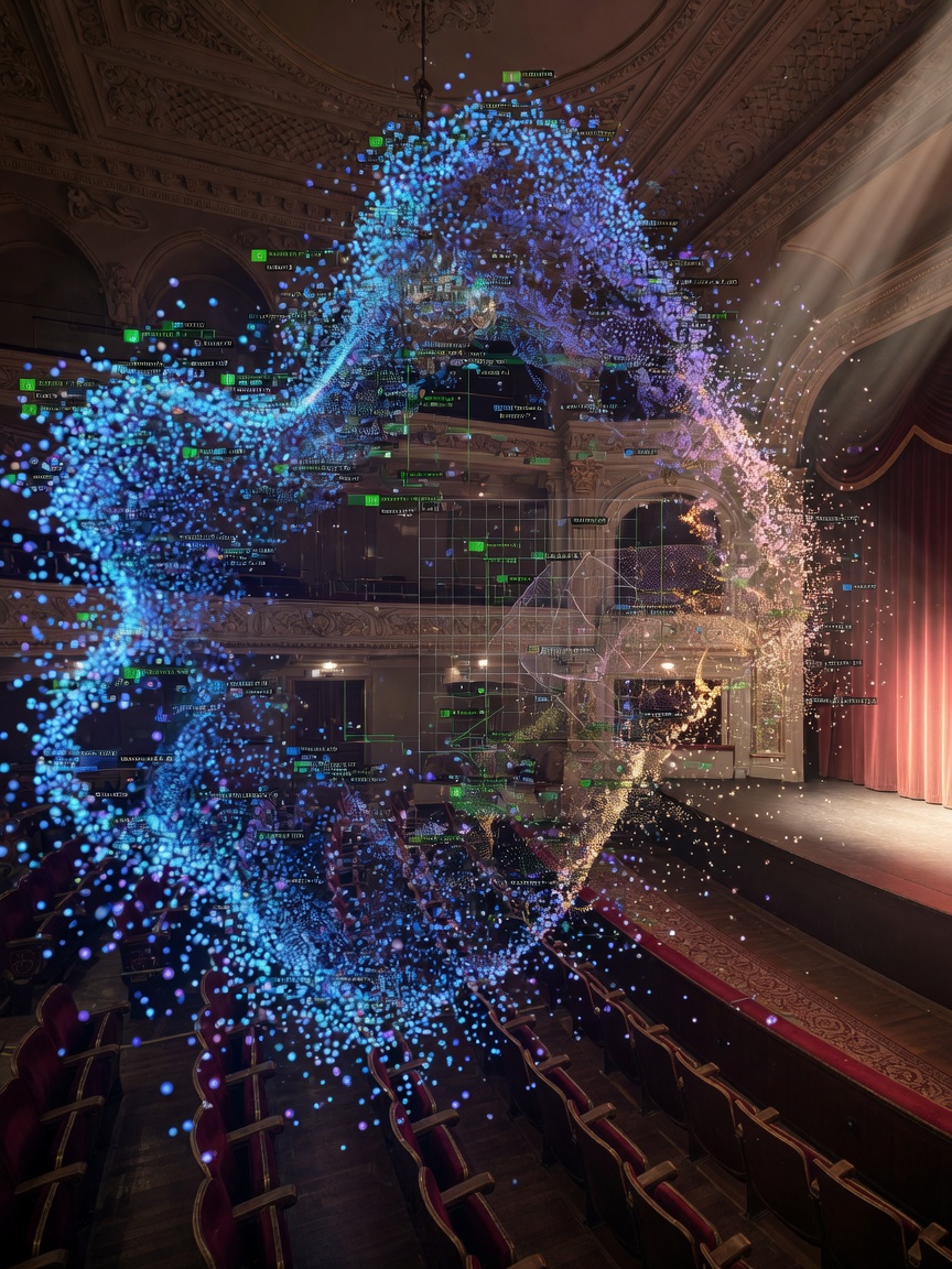 Ultra-realistic 8K close-up of dense LiDAR point cloud data visualization transforming into a photorealistic 3D model of a venue interior, technical and artistic fusion, blue and warm tones