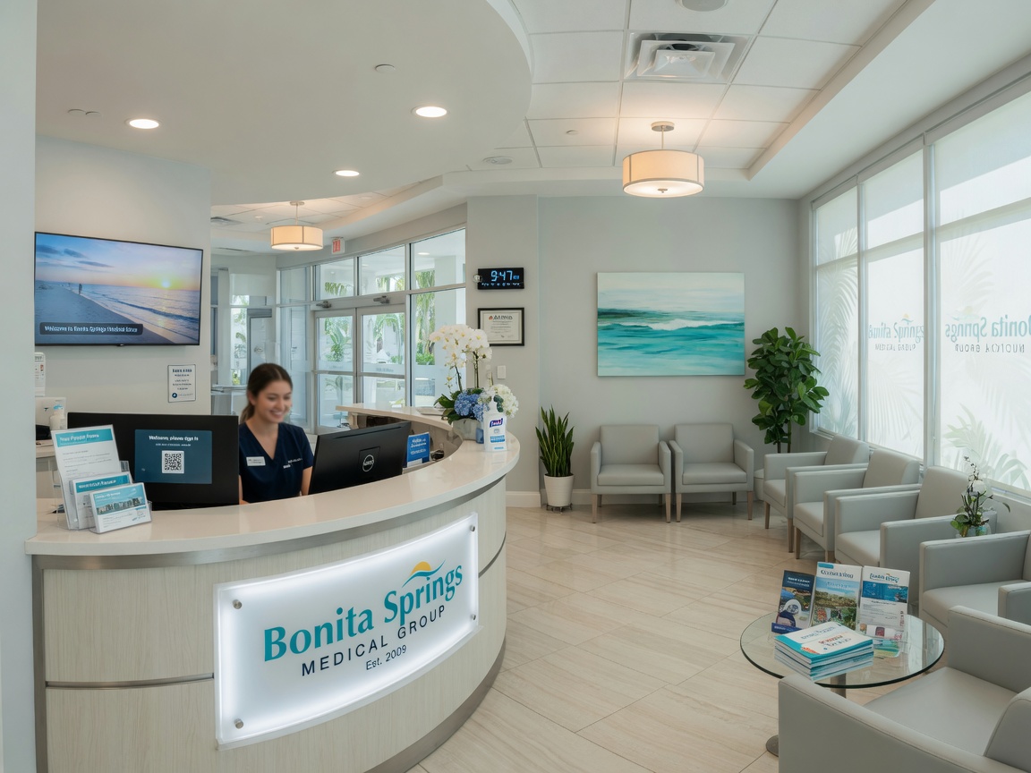 Ultra-realistic 8K interior photograph of a pristine Bonita Springs medical office reception area captured with professional 360 camera, bright clean environment with natural light