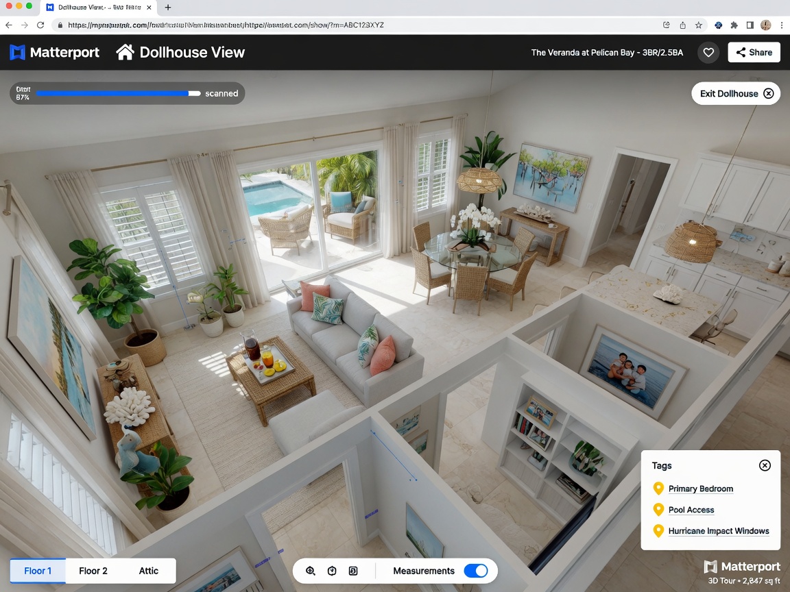 Ultra-realistic 8K screenshot of a Matterport 3D virtual tour interface showing Dollhouse view of a spacious Southwest Florida home interior with furniture and natural light, digital interface elements visible