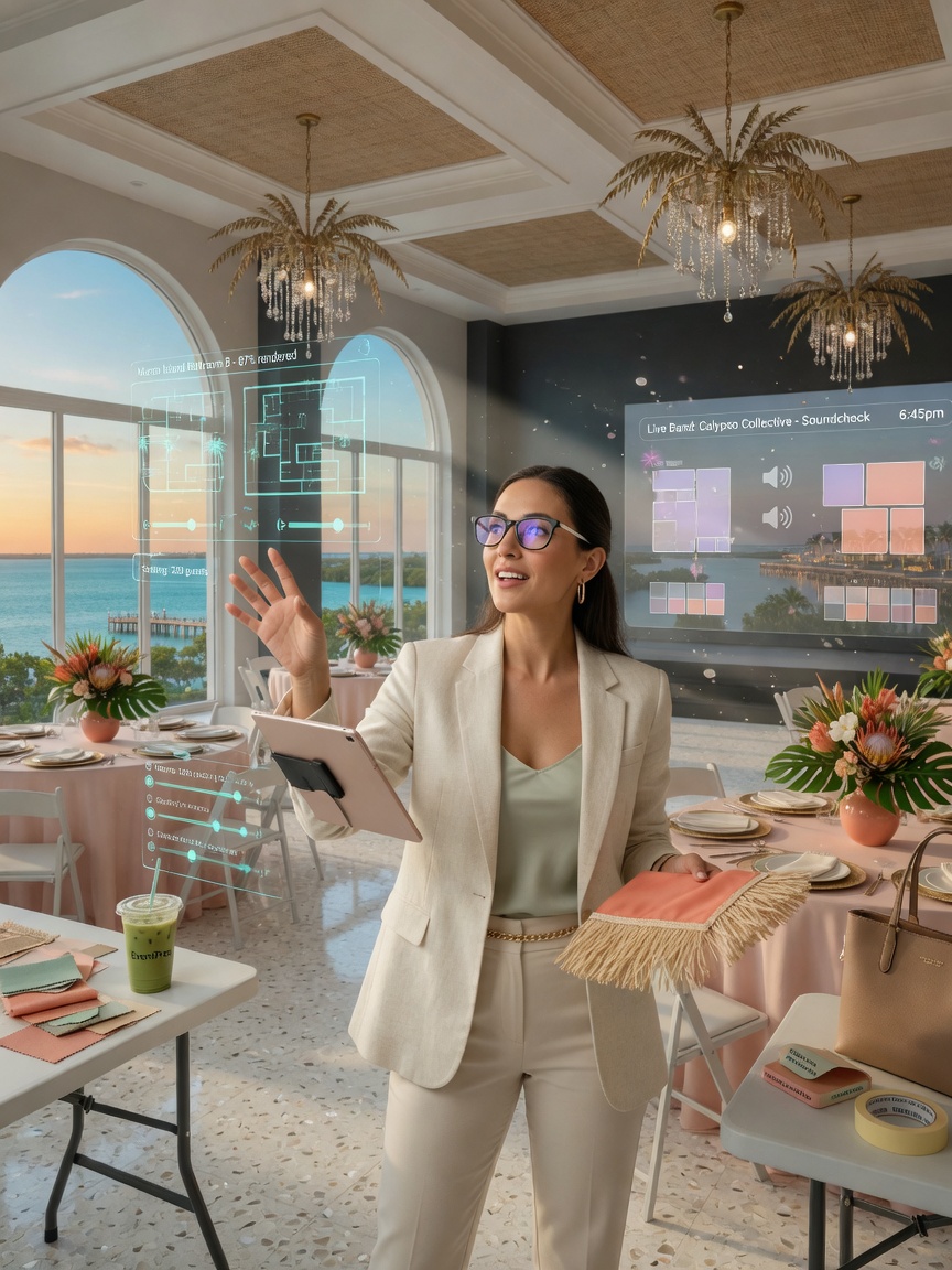 Ultra-realistic 8K image of an event planner standing in a virtual environment wearing lightweight AR glasses, experiencing a Marco Island resort ballroom, futuristic yet practical atmosphere
