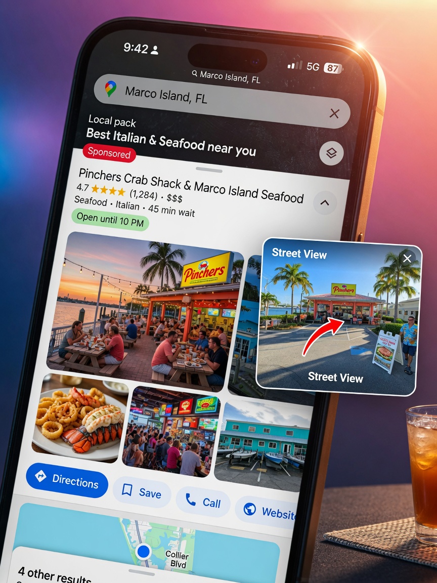 Ultra-realistic 8K image of Google Maps interface on a smartphone displaying local pack results with prominent business photos and Street View thumbnail for a Marco Island restaurant