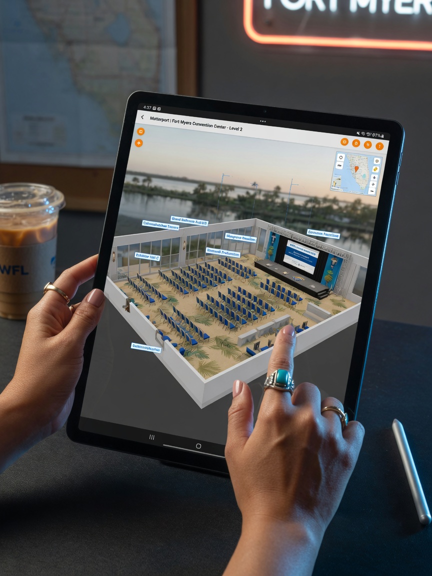 Ultra-realistic 8K photograph of a digital tablet displaying a Matterport Dollhouse view of a multi-room conference center in Fort Myers, planner's hands interacting with the screen