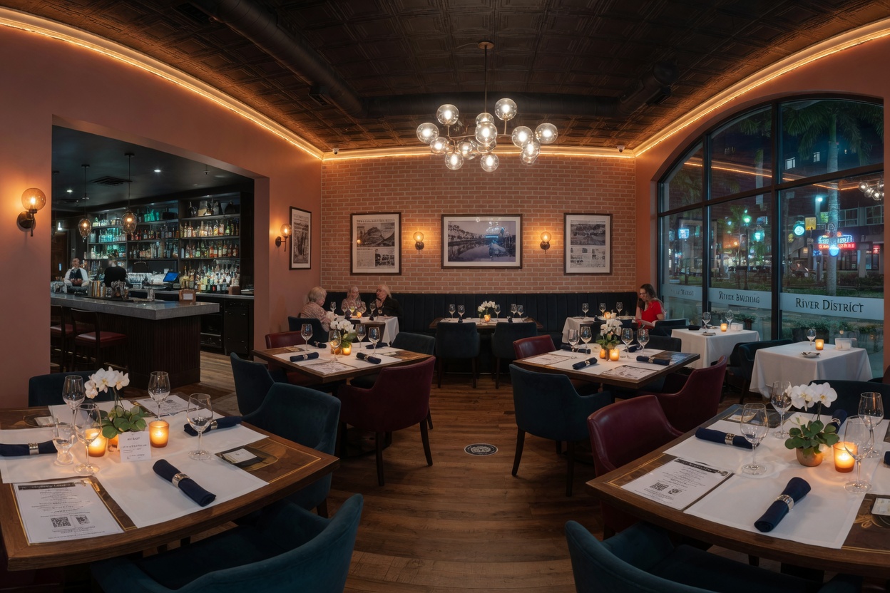 Ultra-realistic 8K image of a restaurant interior in downtown Fort Myers captured in stunning 360 Matterport quality, elegant dining room with tables set, warm ambient lighting, photorealistic
