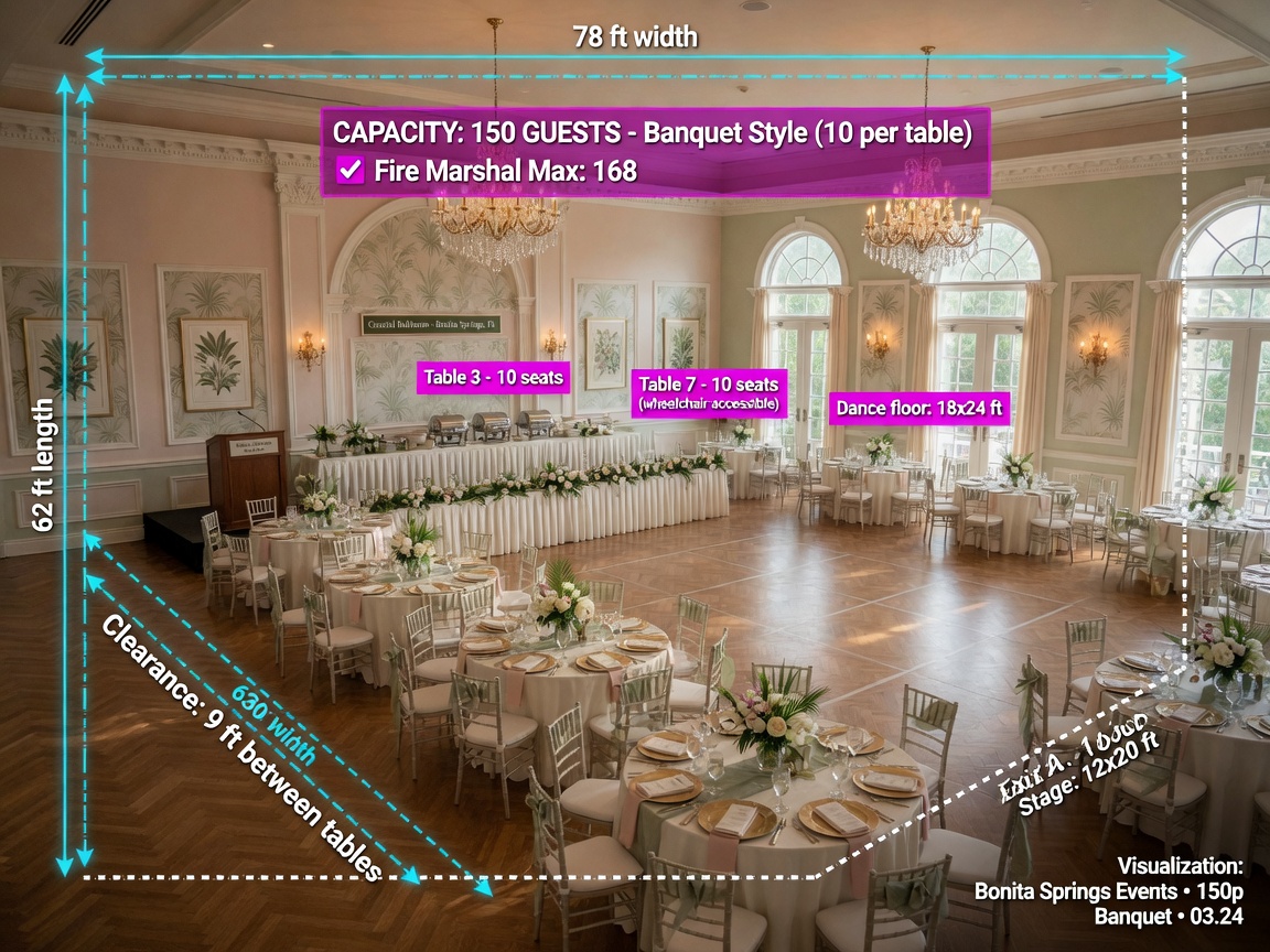 Ultra-realistic 8K interior shot of a beautifully lit ballroom in Bonita Springs with virtual measurement lines and capacity indicators overlaid, showing 150-person banquet layout visualization