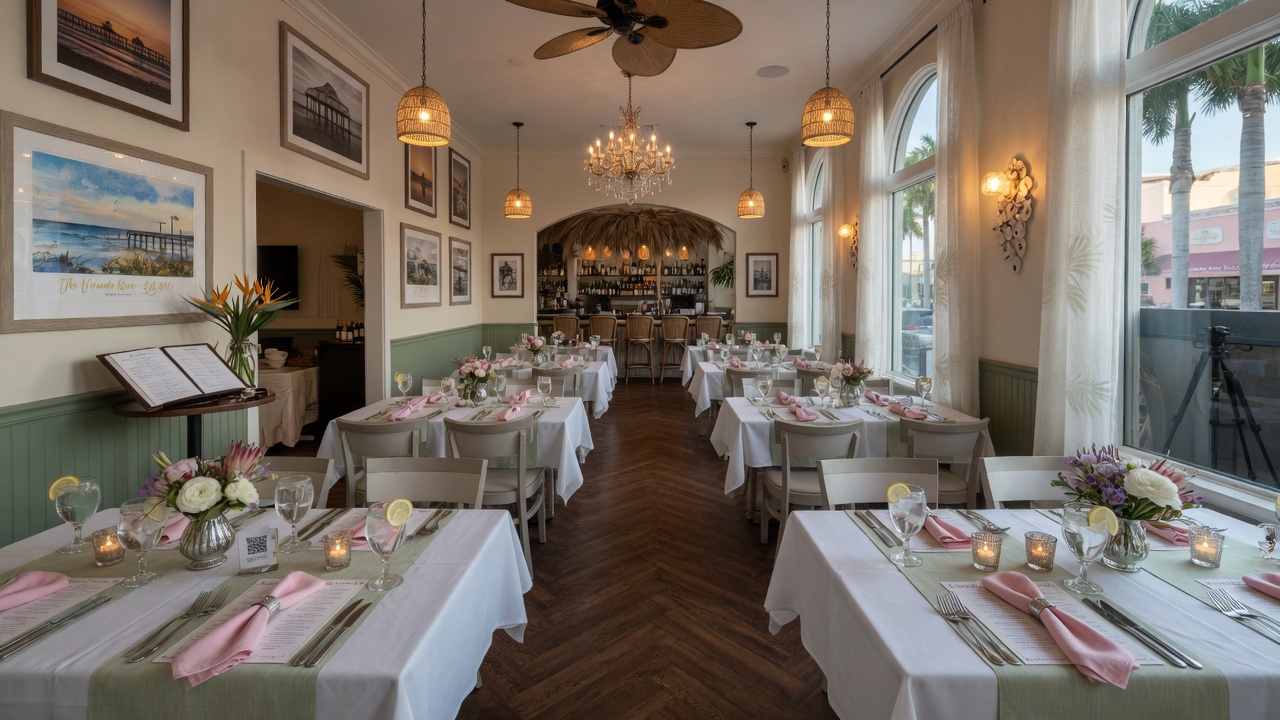 Ultra-realistic 8K wide angle view of a beautifully prepared restaurant dining room in Fort Myers with perfect lighting ready for indoor Google mapping photography