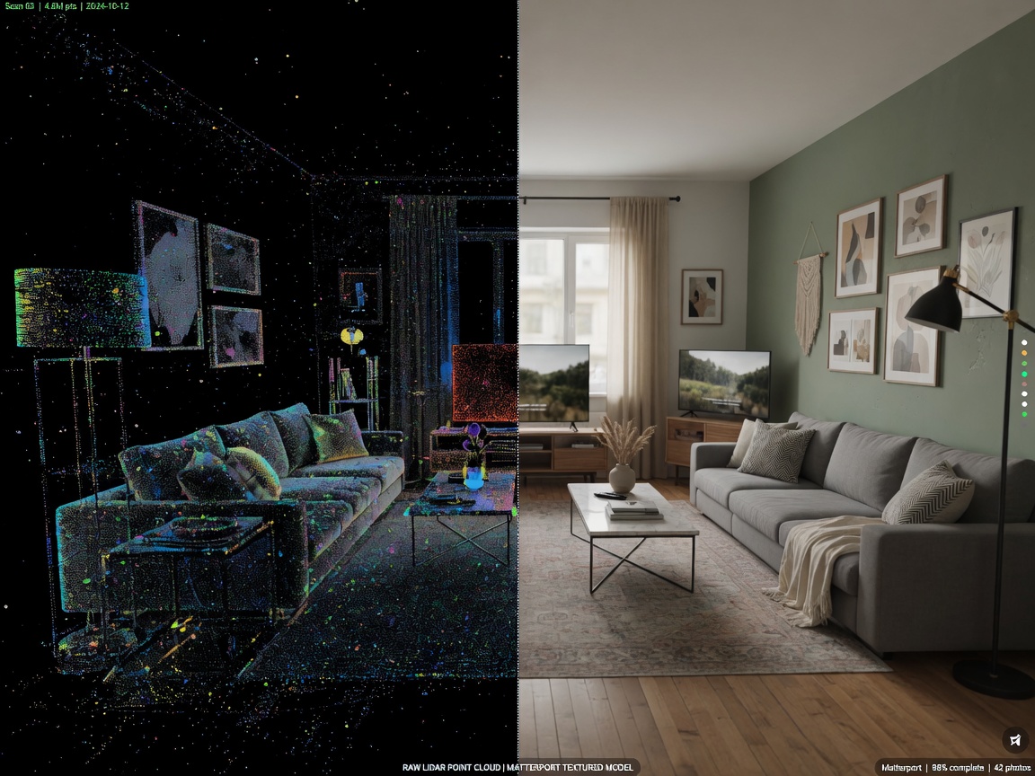 Ultra-realistic 8K before and after split screen showing raw LiDAR point cloud next to fully textured photorealistic Matterport model of the same living room, technical comparison