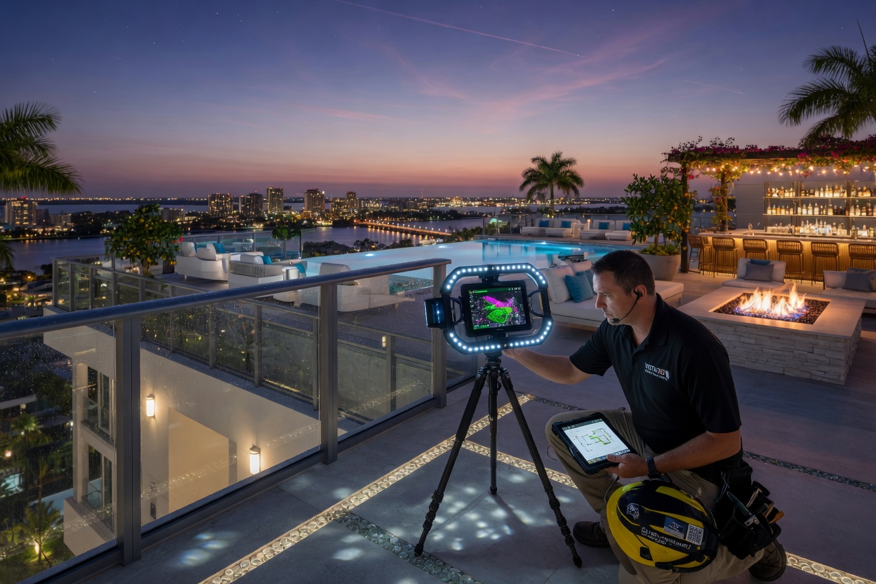 Ultra-realistic 8K image of a professional virtual tour company technician carefully scanning a luxury rooftop venue in Southwest Florida at dusk, city lights beginning to appear