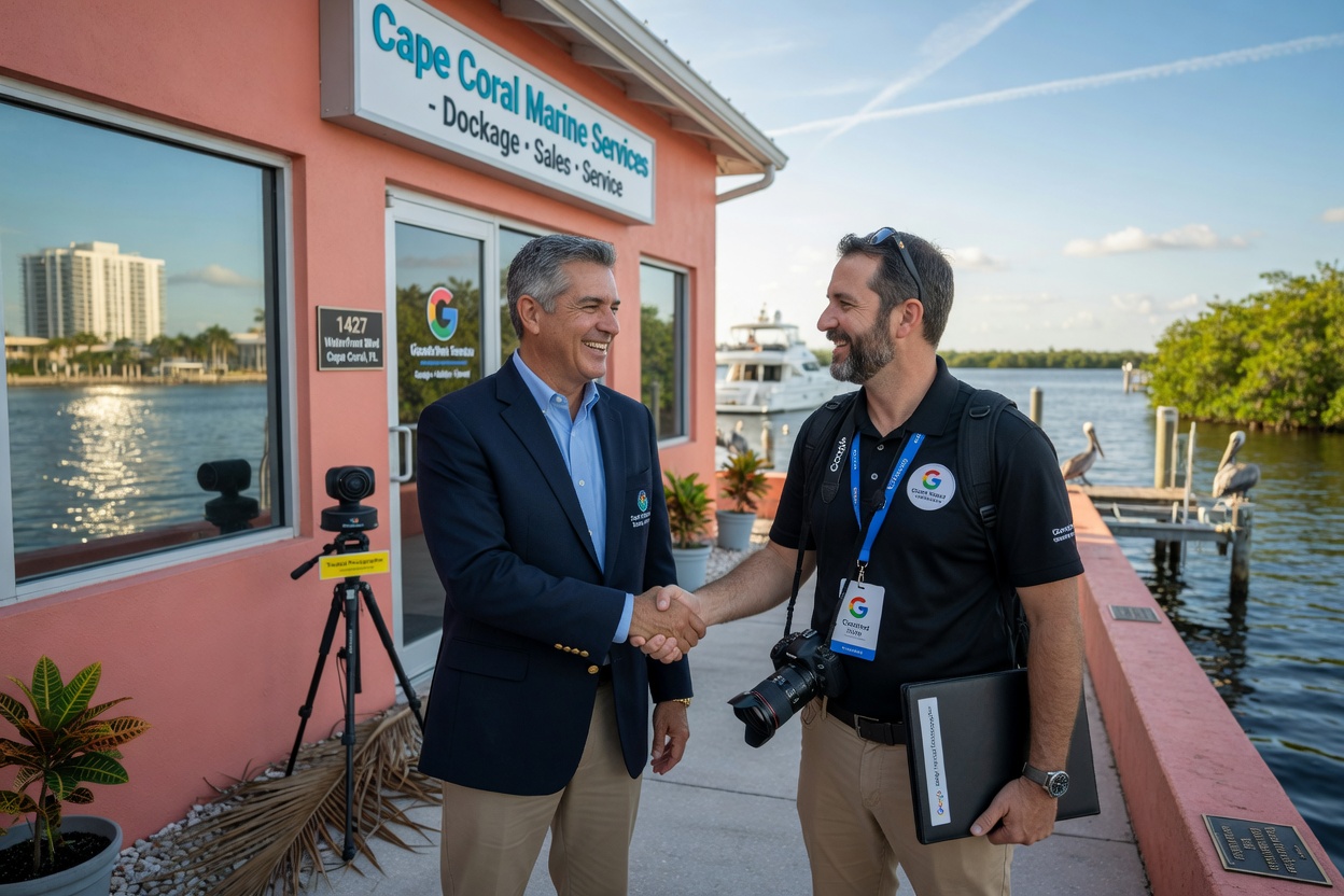 Ultra-realistic 8K image of a business owner shaking hands with a Google Trusted Photographer outside a Cape Coral commercial building with waterfront view in background