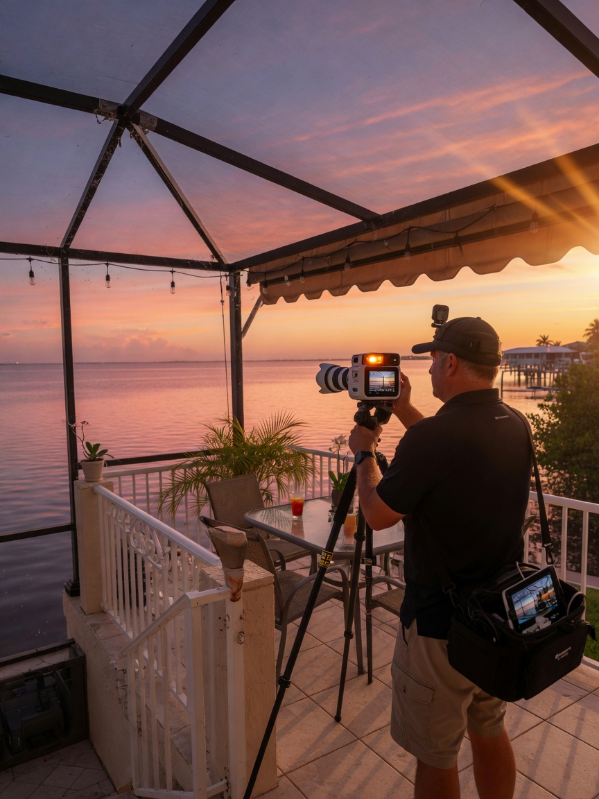 Ultra-realistic 8K photograph of a Matterport photographer scanning an outdoor lanai overlooking the water in Bonita Springs at golden hour, beautiful sunset colors reflecting on water