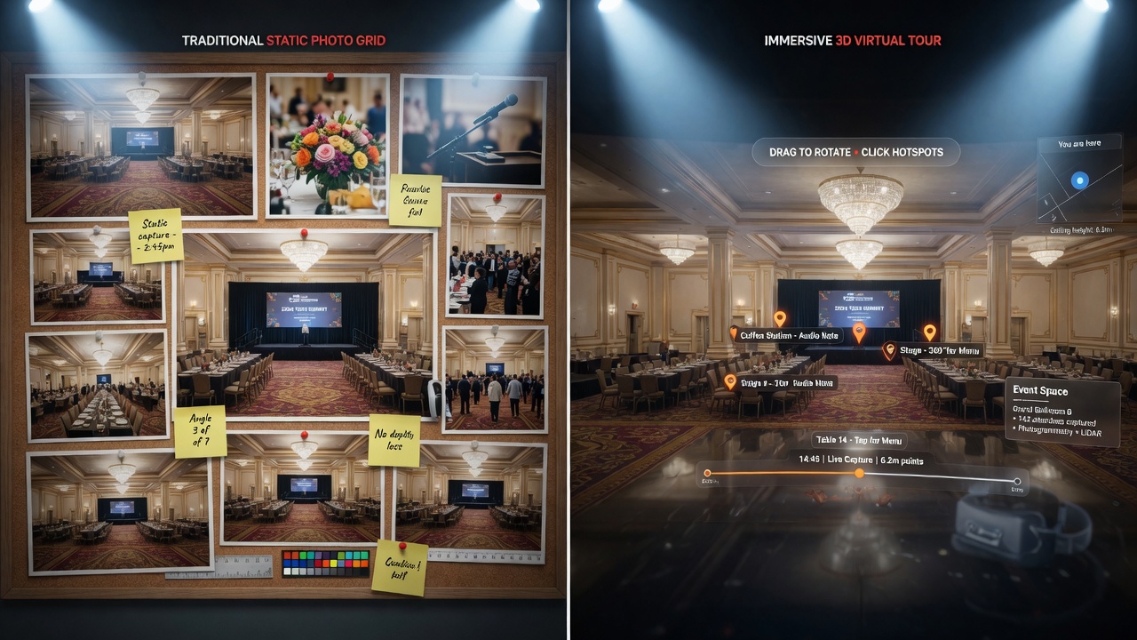 Ultra-realistic 8K split-screen comparison showing a traditional static photo grid versus an immersive 3D virtual tour of the exact same event space, educational style