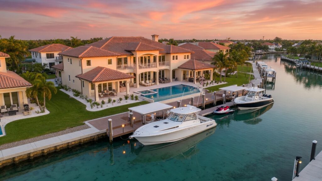Ultra-realistic 8K aerial photograph of a luxurious waterfront home in Cape Coral Florida at golden hour with crystal clear canals and luxury boats docked, cinematic lighting, highly detailed architecture, professional real estate photography style