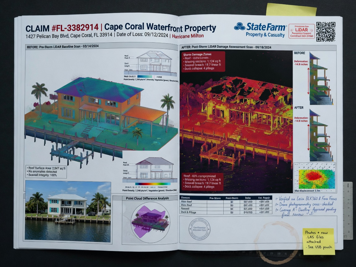 Hyper-detailed 8K image of insurance documentation showing before and after 3D LiDAR scans of storm damage on a Cape Coral waterfront property, technical data visualization, professional documentary style