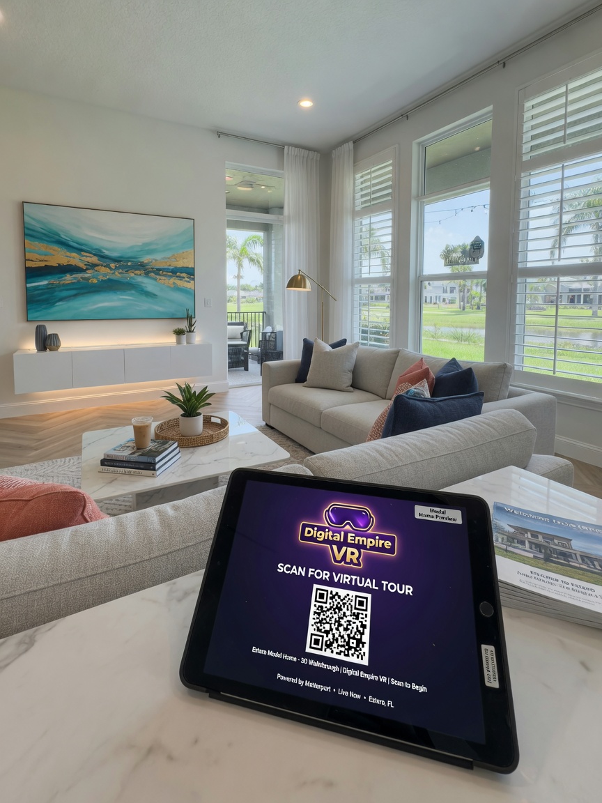 Ultra-realistic 8K interior photograph of an Estero new construction model home living room with Digital Empire VR virtual tour QR code displayed on tablet, bright natural light, modern furnishings