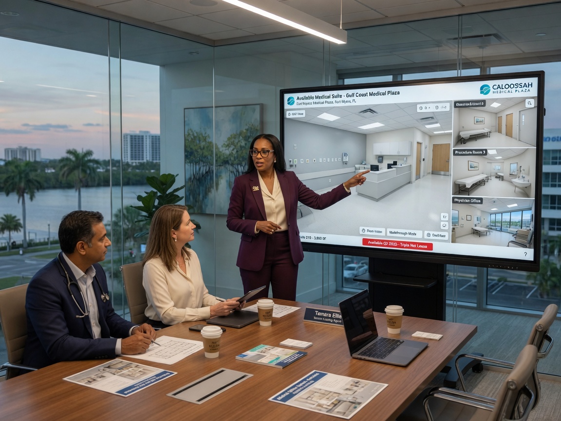 Photorealistic 8K image of a Fort Myers commercial leasing agent presenting a large digital screen showing a 3D virtual tour of an empty medical office space to potential tenants, professional meeting room setting